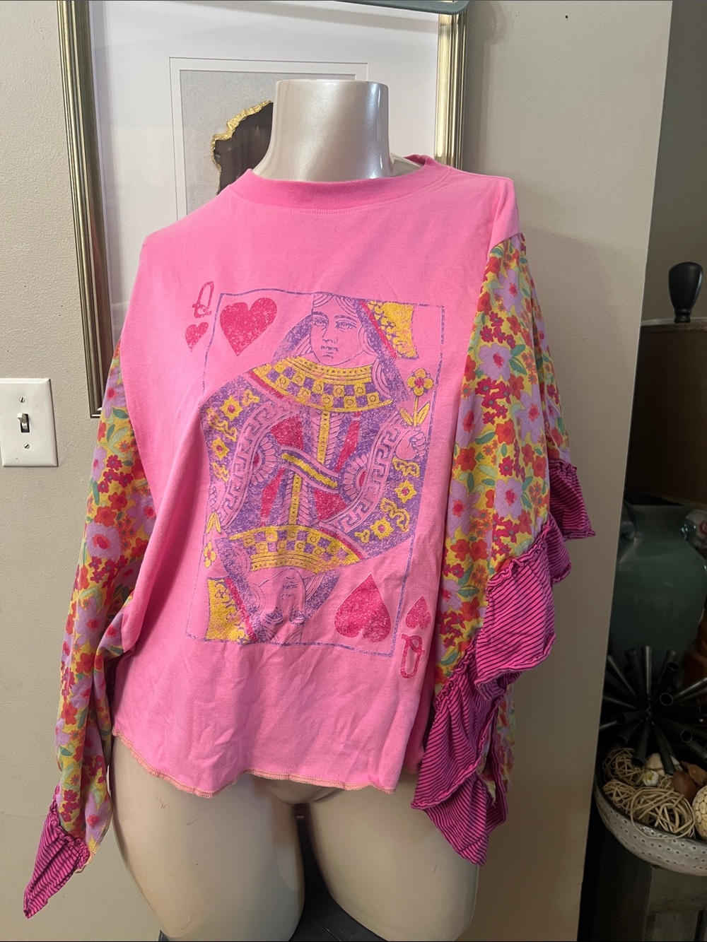 Pink Lily up-cycled Pink Floral Mixed-Print Queen of Hearts Tunic OVERSIZED S/L
